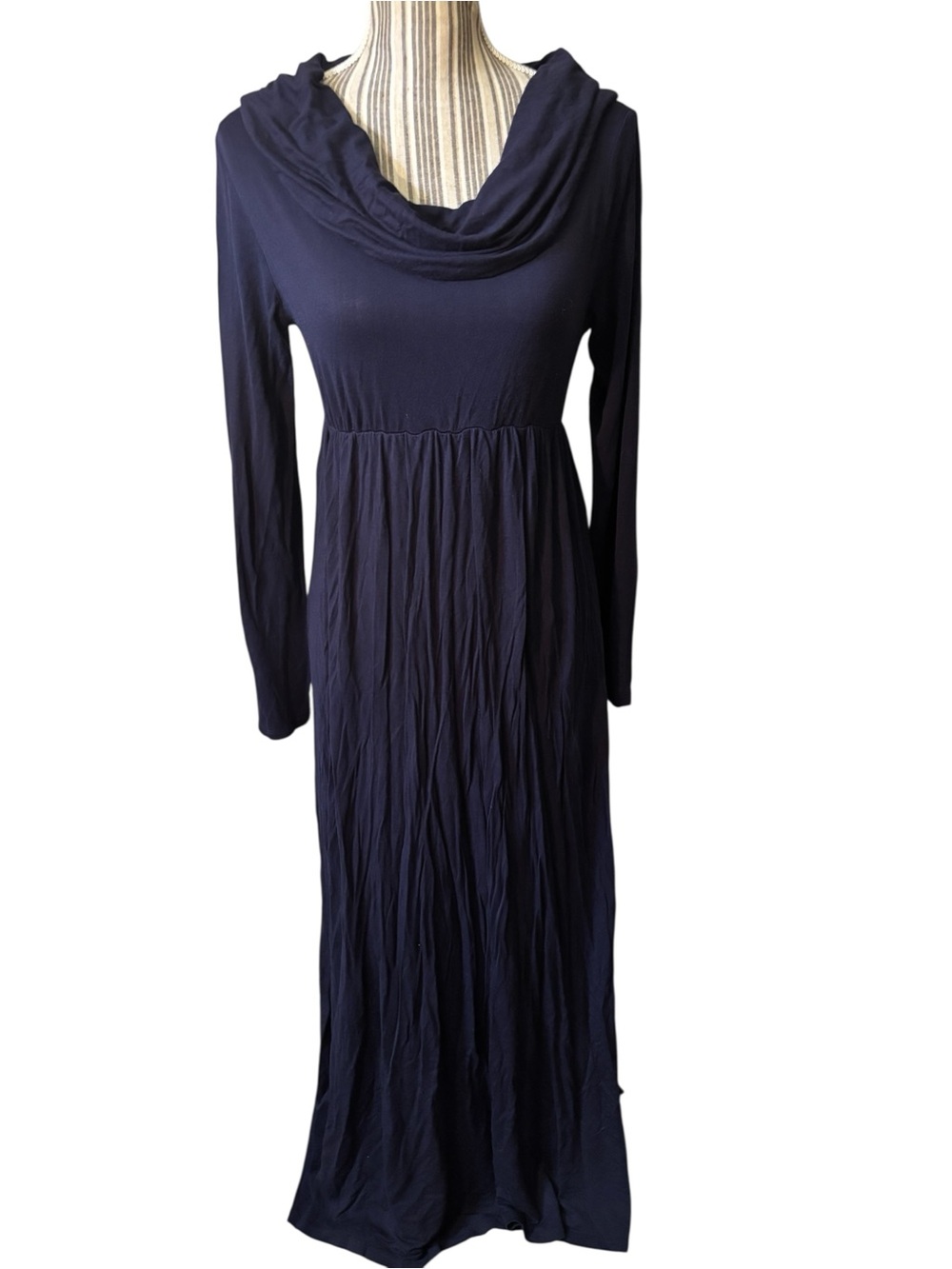 Mother Bee Maternity Dress Medium Navy Blue Long Sleeve Maxi Cowl Neck So Soft